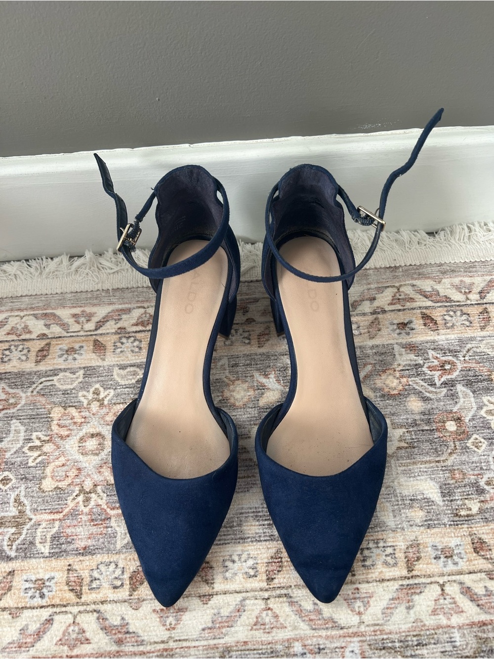 Aldo Navy Pointed-Toe Ankle-Strap Block Heels